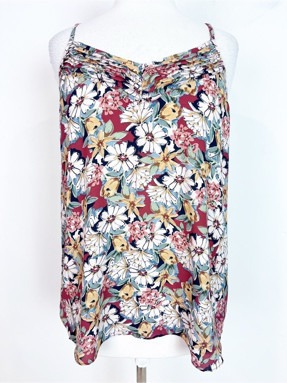 1. STATE OFF-WHITE RED NAVY PINK FLORAL SLEEVELESS TANK BLOUSE WOMENS LARGE